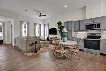 Modern kitchen and living room.